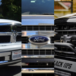 front grill of truck, truck logo of all 3 company, ford, dodge and chevrolet