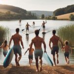 familly going for fun water activity, paddleboarding.